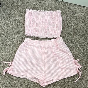 Altar’d State Pink Gingham Tube Top and Shorts Set
